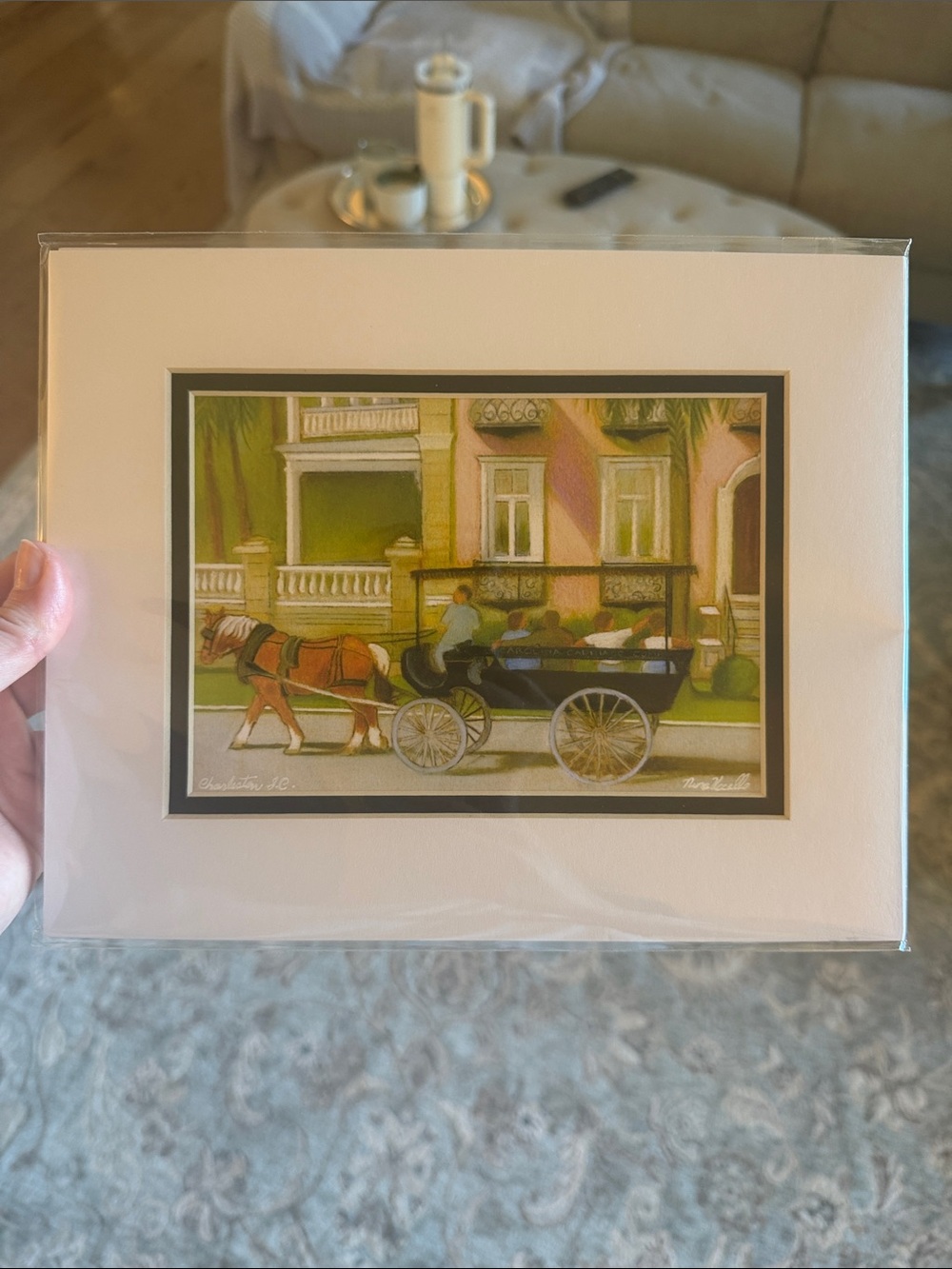 Horse-Drawn Carriage Art Print with Mat - Green, Pink, Black Accents